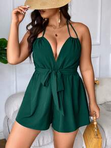 Breezaya 大碼後背繫帶腰帶繞頸連體短褲 - 墨綠色 - 查看 6