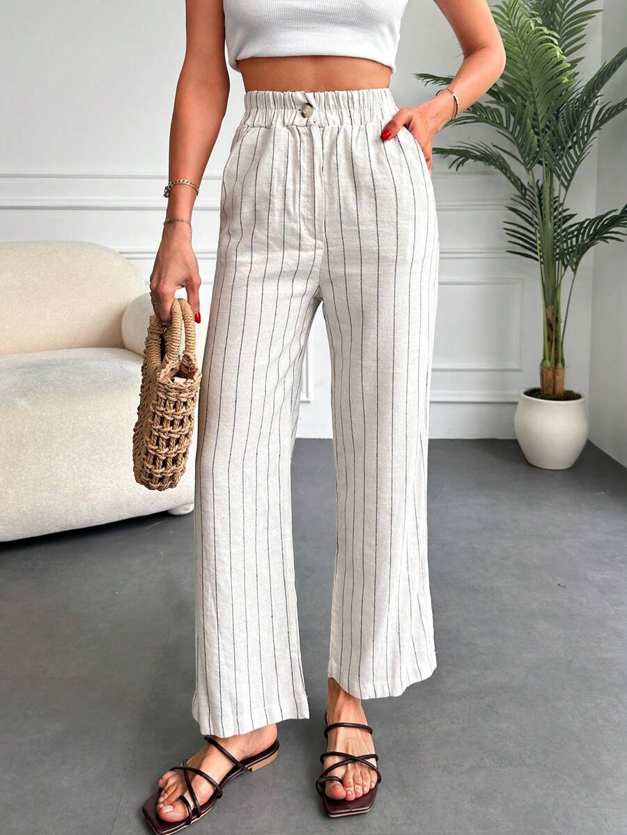 EURMUSE Striped Print Slant Pocket Trousers - White - View 1
