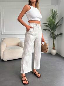 EURMUSE Striped Print Slant Pocket Trousers - White - View 3
