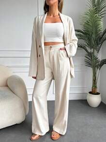 Solid Double Breasted Blazer & Wide Leg Pants - Beige - View 3