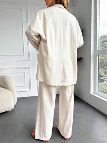 Solid Double Breasted Blazer & Wide Leg Pants - Beige - View 2