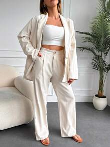 Solid Double Breasted Blazer & Wide Leg Pants - Beige - View 5