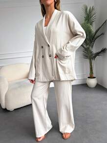 Solid Double Breasted Blazer & Wide Leg Pants - Beige - View 6