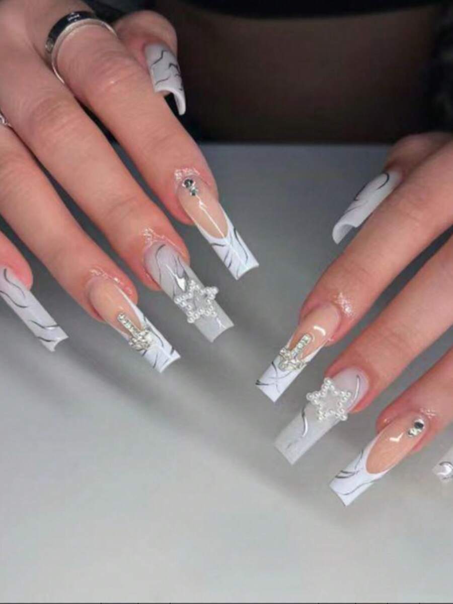 24 chiếc Hình vuông Dài Hình vuông 3D Trang trí Bộ móng nghệ thuật có độ che phủ đầy đủ với phong cách Punk, thích hợp cho bữa tiệc, khiêu vũ, trang phục hàng ngày, đi kèm với gel thạch và 1 dũa móng tay - Xám - Xem 1
