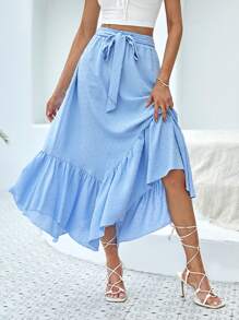 SHEIN VCAY Váy nữ Bất đối xứng Thắt lưng Viên lá sen màu trơn Giải trí - Màu xanh nhạt - Xem 4