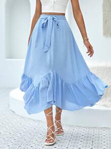 SHEIN VCAY Váy nữ Bất đối xứng Thắt lưng Viên lá sen màu trơn Giải trí - Màu xanh nhạt - Xem 5