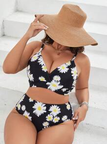 Plus Size Floral Print High Waisted Bikini Set Summer Beach - Black - View 5