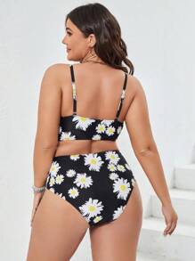 Plus Size Floral Print High Waisted Bikini Set Summer Beach - Black - View 2