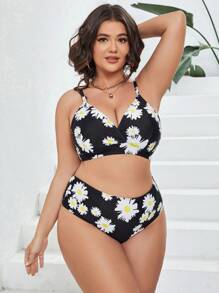 Plus Size Floral Print High Waisted Bikini Set Summer Beach - Black - View 4