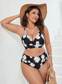 Plus Size Floral Print High Waisted Bikini Set Summer Beach - Black - View 3