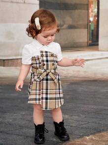 SHEIN 嬰兒格紋印花不對稱下擺繫腰帶連衣裙 - 彩色 - 查看 3