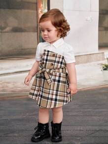 SHEIN 嬰兒格紋印花不對稱下擺繫腰帶連衣裙 - 彩色 - 查看 4