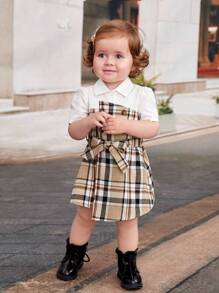 SHEIN 嬰兒格紋印花不對稱下擺繫腰帶連衣裙 - 彩色 - 查看 5