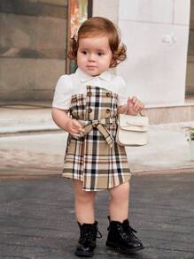 SHEIN 嬰兒格紋印花不對稱下擺繫腰帶連衣裙 - 彩色 - 查看 6