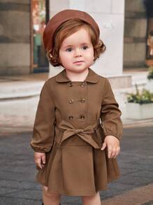 SHEIN Vestito Con Colletto Marrone Per Bambina Con Bottoni Doppiopetto, Cintura In Vita, Maniche Lunghe E Orlo Largo Per Un'eleganza Retrò