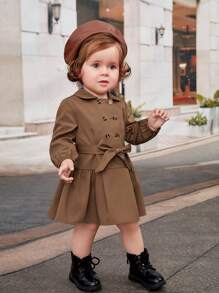 SHEIN Vestito Con Colletto Marrone Per Bambina Con Bottoni Doppiopetto, Cintura In Vita, Maniche Lunghe E Orlo Largo Per Un'eleganza Retrò