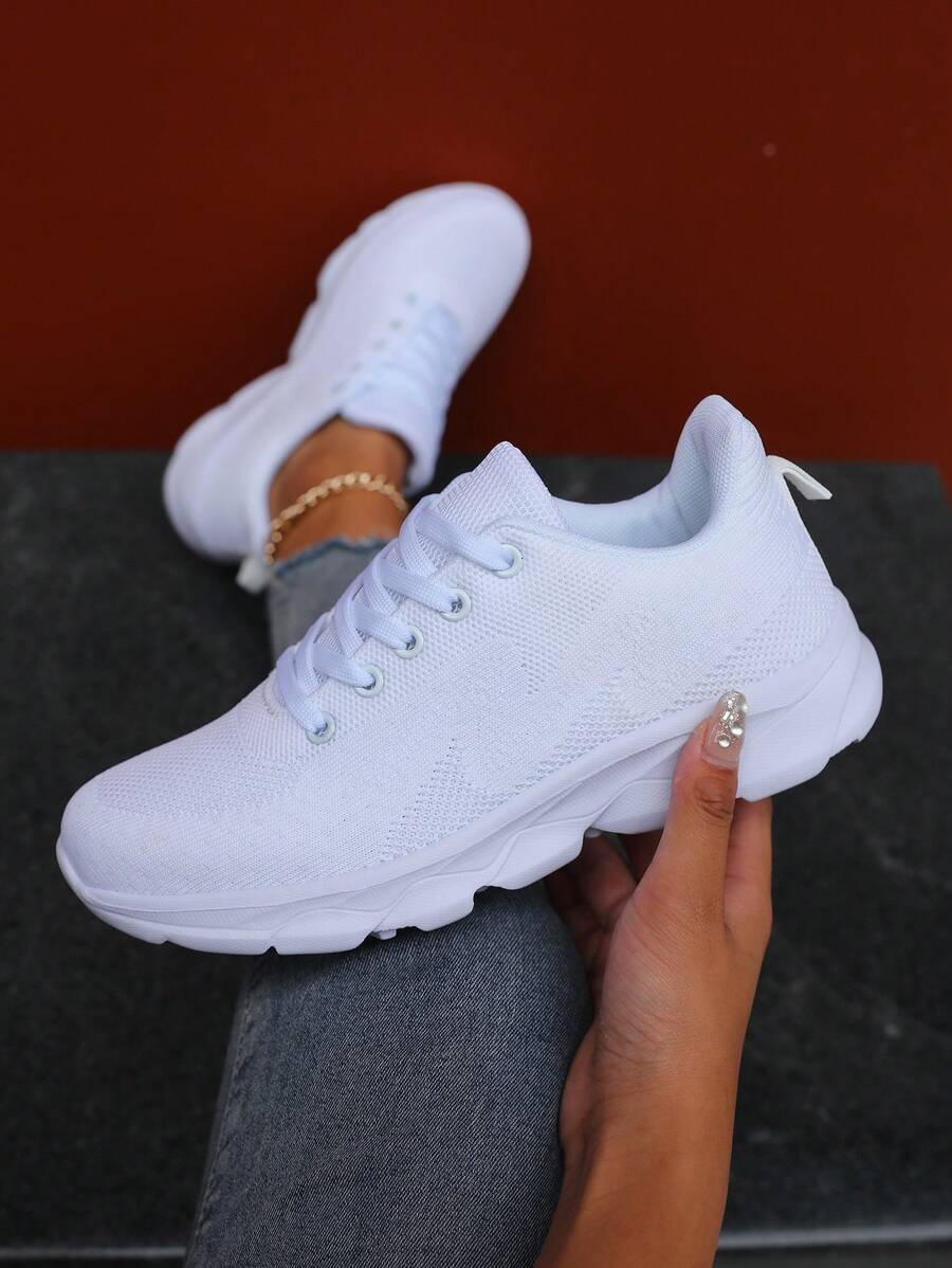 女式極簡繫帶前跑鞋，運動型戶外面料運動鞋 - 白色 - 查看 1