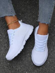 女式極簡繫帶前跑鞋，運動型戶外面料運動鞋 - 白色 - 查看 3