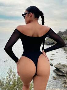 SHEIN SXY Summer Beach Off Shoulder Cut Out Front Bodysuit - Black - View 2