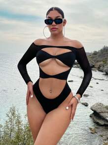 SHEIN SXY Summer Beach Off Shoulder Cut Out Front Bodysuit - Black - View 3