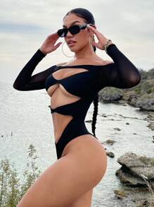 SHEIN SXY Summer Beach Off Shoulder Cut Out Front Bodysuit - Black - View 4