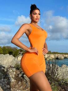 SHEIN SXY Đơn vị Nữ Lộ Lưng Hội Chữ thập màu trơn - trái cam - Xem 4