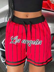 SHEIN SXY 條紋和字母圖案腰部抽繩短褲 - 紅色 - 查看 1