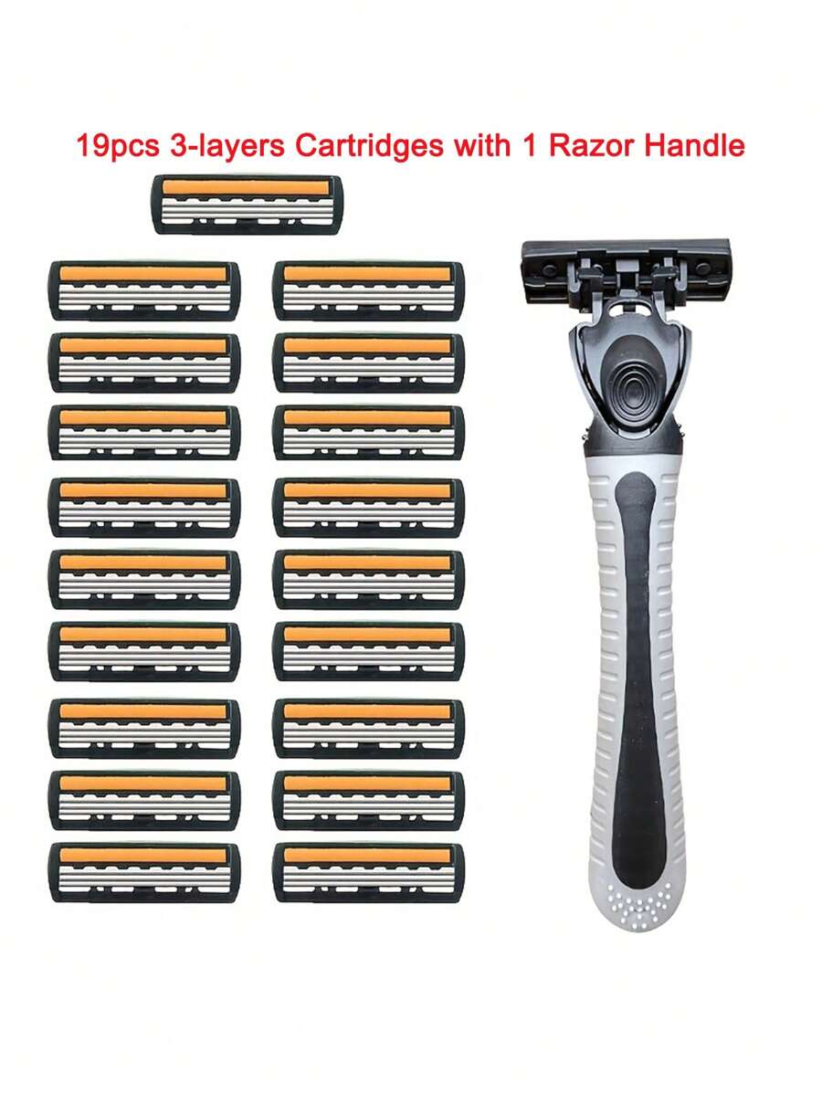 Safety Razor Set, 1Pc Stainless Steel Washable Razor & 19Pcs 3-Layer Blade Beard Trimmer Hair Removal Shaving Razor - Orange - View 1