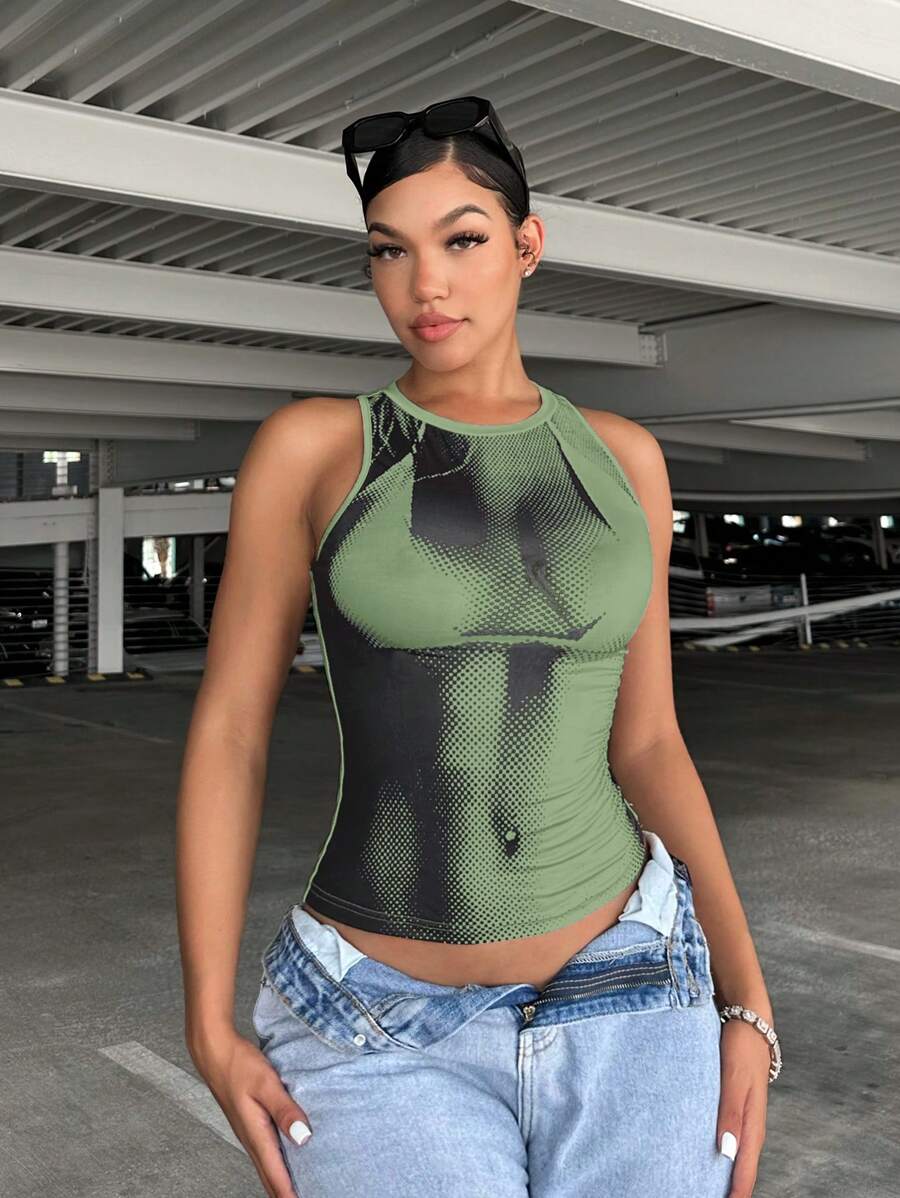 SHEIN SXY Áo khoác và áo lót dành cho xe tăng nữ Đồ họa Giải trí - màu xanh lá - Xem 1