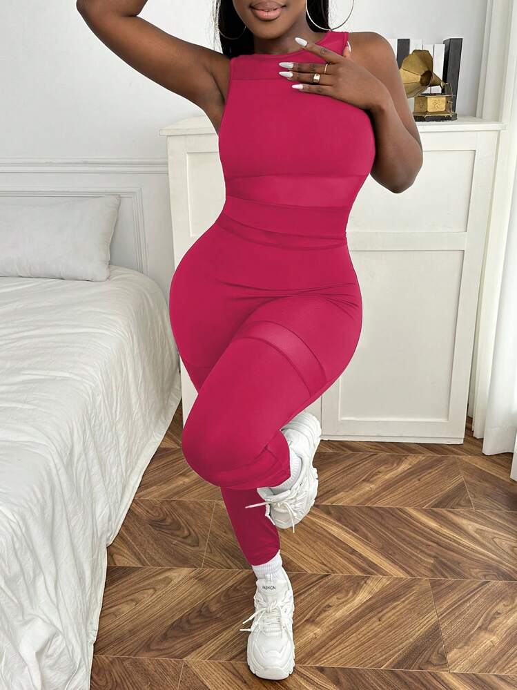 Slaydiva จั๊มสูท ยูนิทาร์ด สีพื้น ประกบตาข่าย - สีชมพูบานเย็น - ดู 4