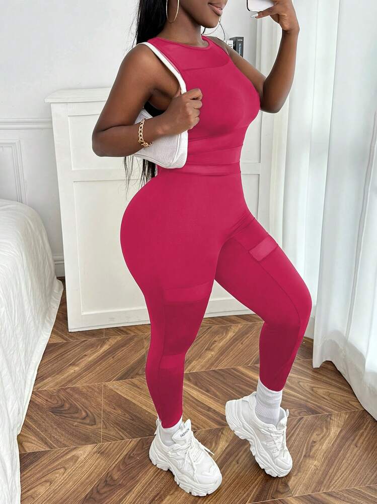 Slaydiva จั๊มสูท ยูนิทาร์ด สีพื้น ประกบตาข่าย - สีชมพูบานเย็น - ดู 6