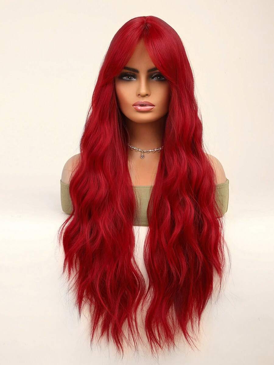 26 合成纖維編織假髮,紅色自然波浪長卷假髮,帶劉海,適合日常穿戴、角色扮演假髮、假日派對假髮、聖誕節假髮、女式假髮