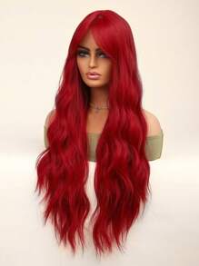 26 合成纖維編織假髮,紅色自然波浪長卷假髮,帶劉海,適合日常穿戴、角色扮演假髮、假日派對假髮、聖誕節假髮、女式假髮