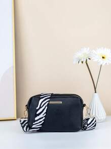 1pc Girls Metal Decor Zebra Pattern Strap Zipper Square Bag - Black - View 1