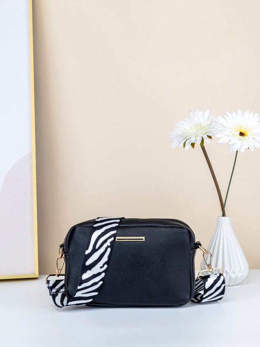 1pc Girls Metal Decor Zebra Pattern Strap Zipper Square Bag - Black - View 1