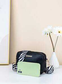 1pc Girls Metal Decor Zebra Pattern Strap Zipper Square Bag - Black - View 4