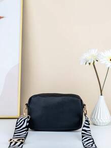 1pc Girls Metal Decor Zebra Pattern Strap Zipper Square Bag - Black - View 5