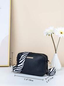 1pc Girls Metal Decor Zebra Pattern Strap Zipper Square Bag - Black - View 6