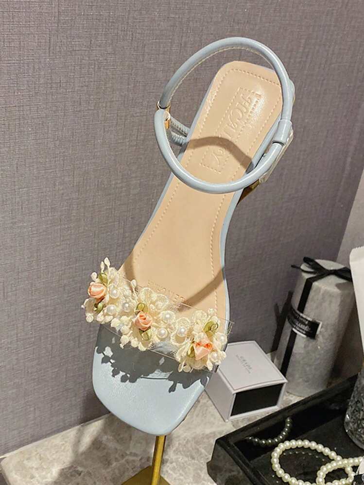 Women Flower Decor Clear Chunky Heeled Ankle Strap Sandals, Fashion Summer PVC Sandals - Blue - View 2