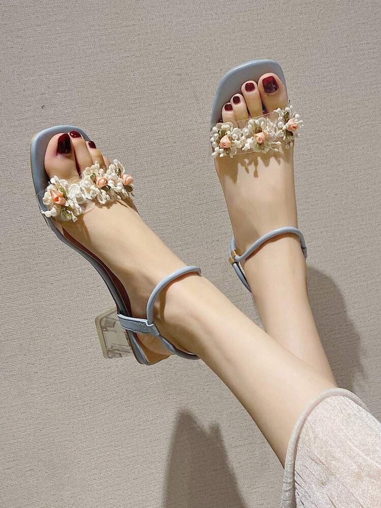 Women Flower Decor Clear Chunky Heeled Ankle Strap Sandals, Fashion Summer PVC Sandals - Blue - View 3
