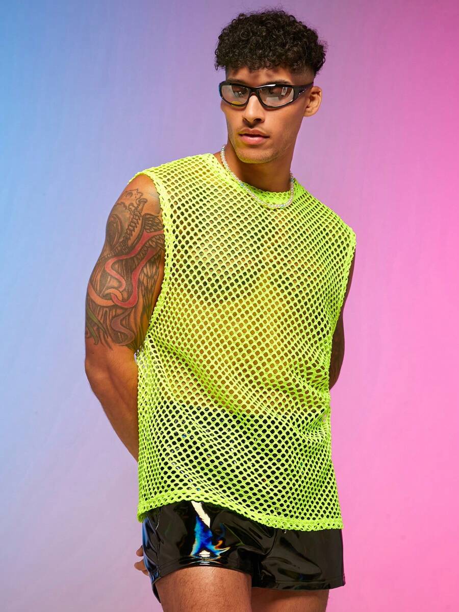 FeverCity 男士螢光綠漁網網紗背心上衣 - 黃色 - 查看 1