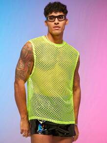 FeverCity 男士螢光綠漁網網紗背心上衣 - 黃色 - 查看 3