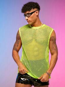 FeverCity 男士螢光綠漁網網紗背心上衣 - 黃色 - 查看 4