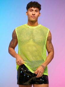 FeverCity 男士螢光綠漁網網紗背心上衣 - 黃色 - 查看 5