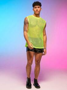 FeverCity 男士螢光綠漁網網紗背心上衣 - 黃色 - 查看 6