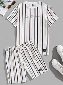 Manfinity Unisex Men Striped & Letter Graphic Tee & Drawstring Waist Shorts Summer Outfit