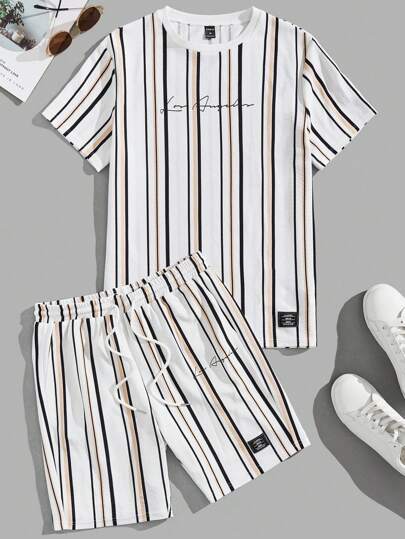 Manfinity Unisex Randig t-shirt med bokstäver och shorts med dragsko i midjan för män, sommaroutfit