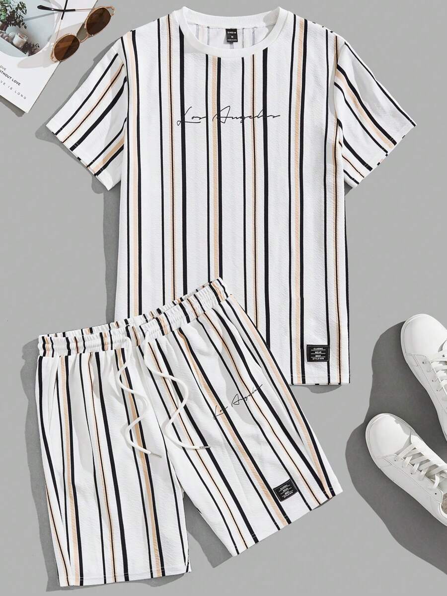 Manfinity Unisex Men Striped & Letter Graphic Tee & Drawstring Waist Shorts Summer Outfit