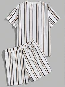 Manfinity Unisex Men Striped & Letter Graphic Tee & Drawstring Waist Shorts Summer Outfit