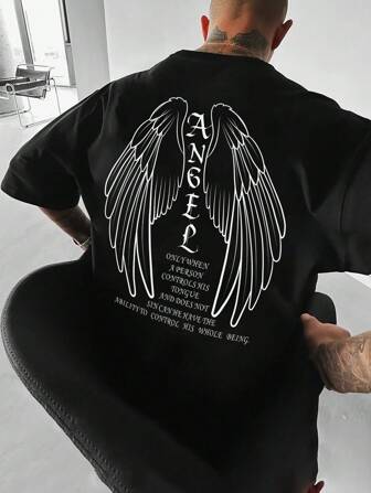 Manfinity LEGND 男士翅膀和標語圖案落肩T恤